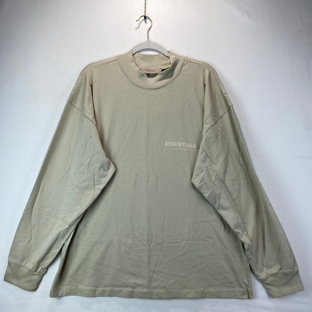 Fear of God Essentials Mock Neck Long Sleeve Shirt Mens Size M Tan Cotton Logo